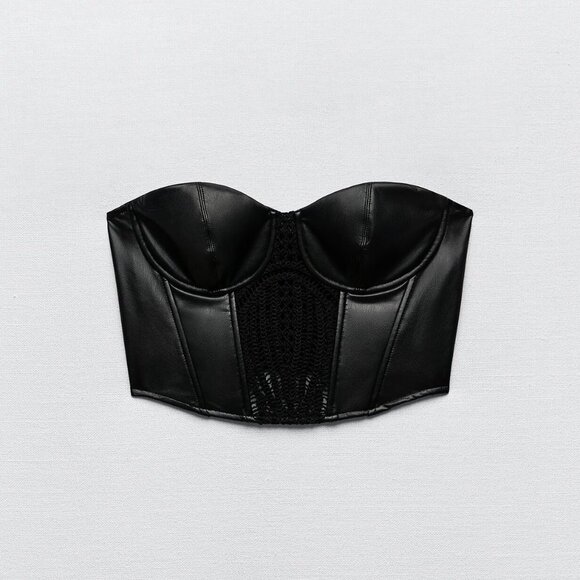 NWOT Zara black faux leather crochet-like detail corset crop top, XS - Picture 4 of 9